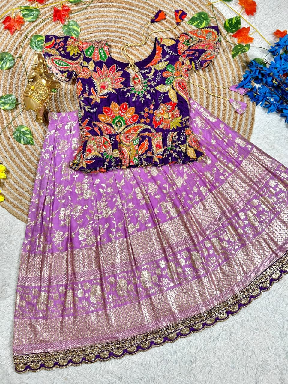 Adorable kids' collection featuring a position print blouse paired with a golden jari work skirt. The outfit combines playful prints with luxurious golden Weaving, perfect for little ones to shine on special occasions. - Image 8