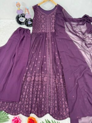 NEW DESIGNER HEAVY FUAX GEORGETTE FANCY CUT TOP WITH PLAZZO SUIT SET