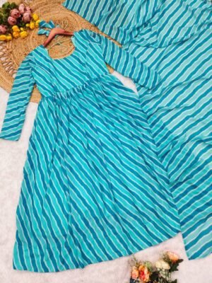 Alternative view of Introducing our stunning Leheriya suit set in luxurious Fox Georgette fabric. Exquisite craftsmanship and vibrant patterns make it perfect for any occasion. Elevate your style with this timeless, elegant piece