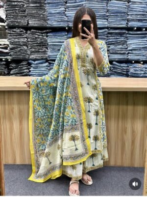 This A-line plazo set is perfect for the summer season with its vibrant floral print and confident  , the included matching dupatta completes the look and adds an extra touch of style.