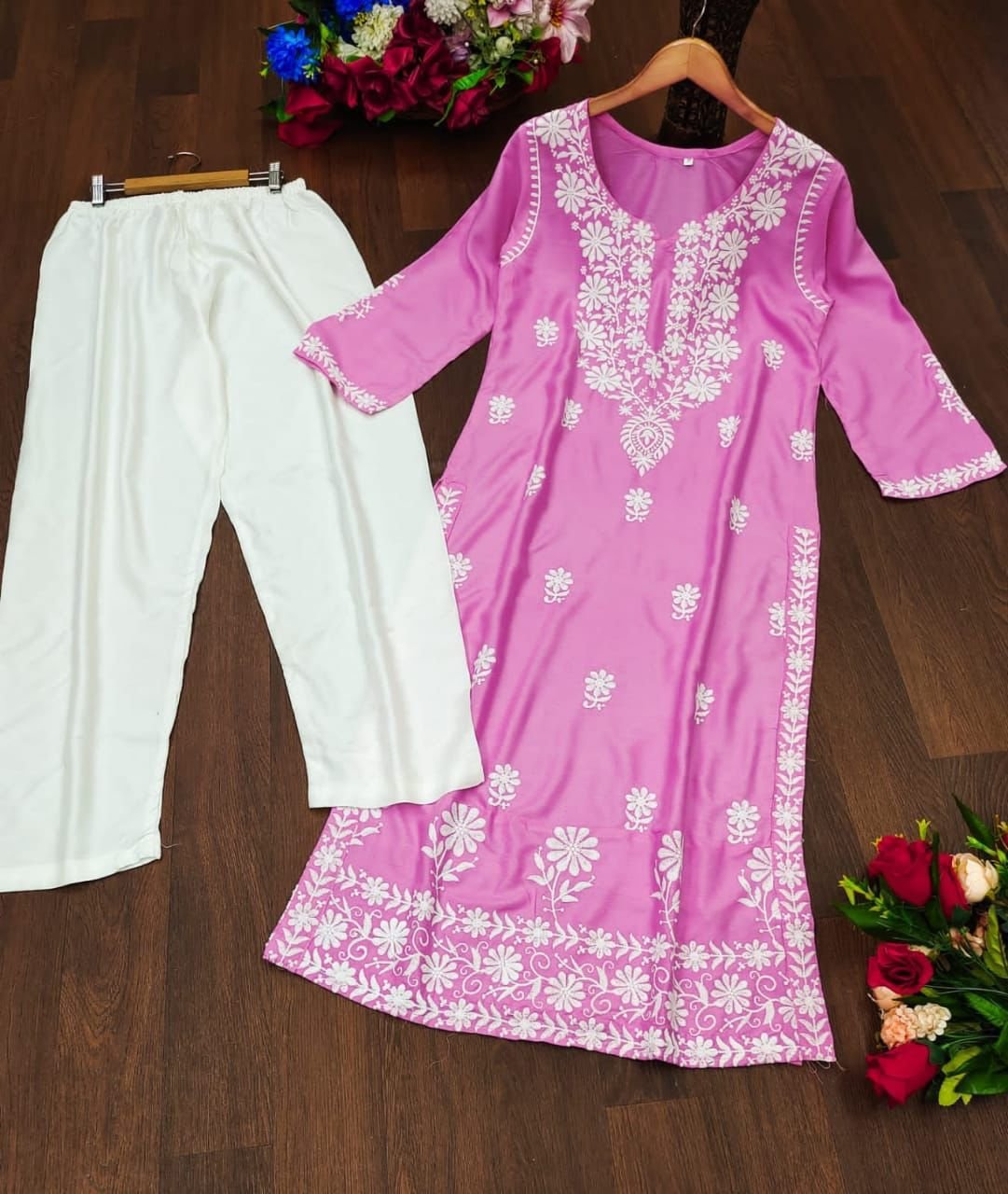 HEAVY RAYON COTTON FABRIC WID CHICKEN KARI STYLE EMBROIDERY WORK - Image 2