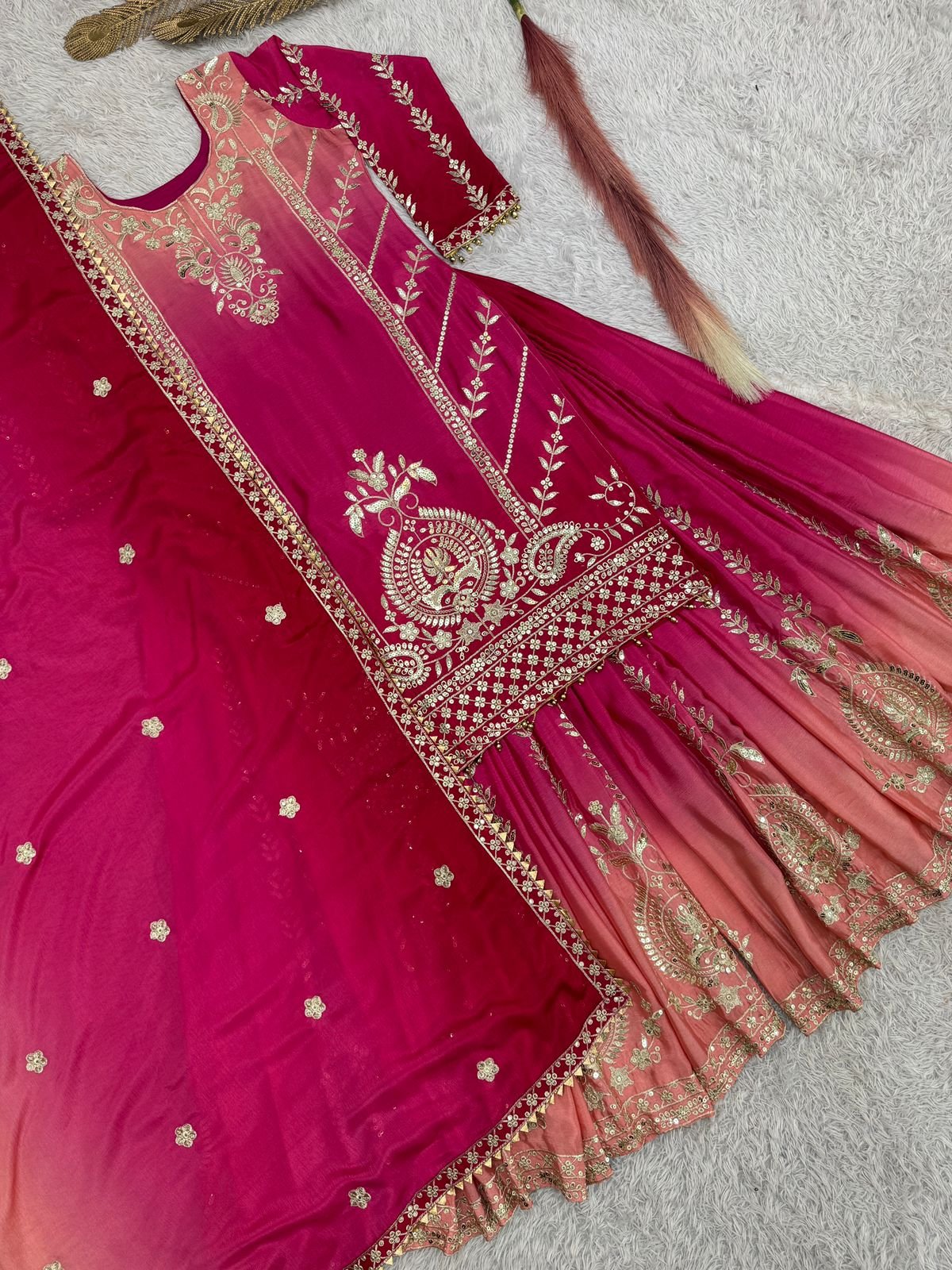 👉❤️PRESERNTING NEW READY TO WEAR COLLECTION WITH EMBROIDERY SEQUENSE WORK SHADED TOP-PLAZZO WITH DUPATTA 👍 - Image 3