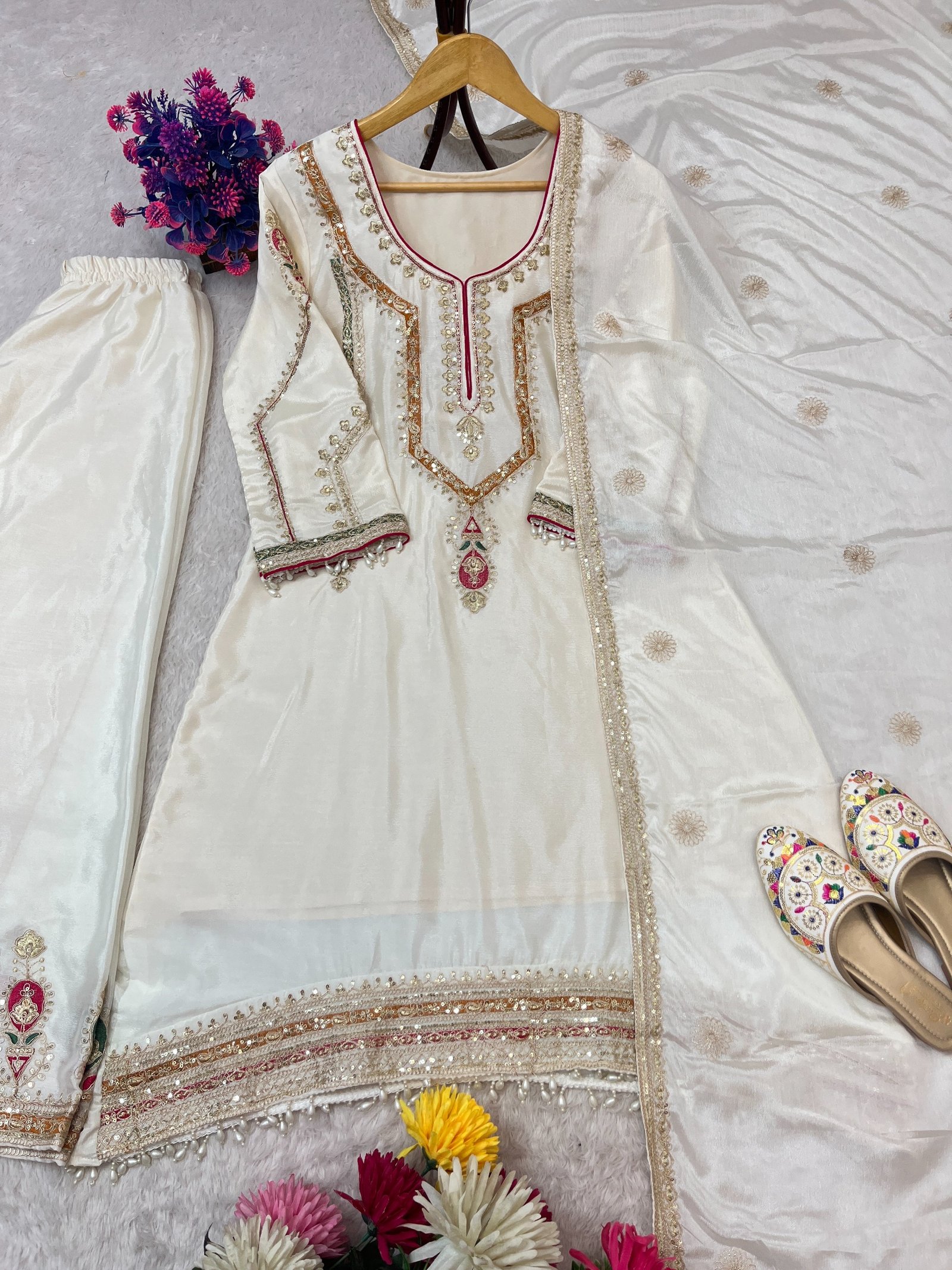 FESTIAL ETHNIC OUTFIT SEQUENCE EMBROIDERY ON SILK FABRIC TOP AND PLAZZO WITH DUPATTA SET - Image 3