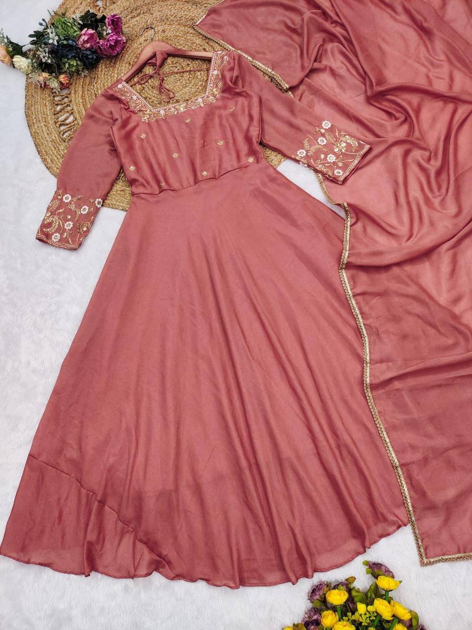 Shine Bright In Our perfectly festive-ready and exuding timeless charm and elegance for the season! ✨💕 Bringing those vibrant festive vibes! 🌸✨ Launching a stunning Rust anarkali with intricate embroidery paired with a Dupptta and a gorgeous thread work details Fully stitched for effortless festive glam! - Image 2