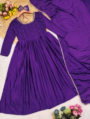 Alternative view of Turn Heads At Weddings And Parties With Our Exquisite Purple Chinnon Silk Anarkali Suit Set. ✨♥️ This Elegant Ensemble Features Intricate Handwork Making You The Star Of The Celebration. Get Ready To Make A Statement! 💃🎉