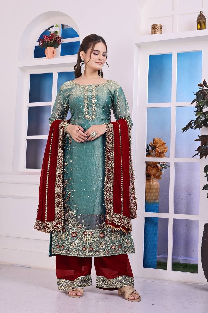 PRESERNTING NEW READY WEAR SPACIAL FANCY DESIGN HEAVY EMBROIDERY AND SEQUENCE WORK TOP - PLAZZO WITH DUPATTA - Image 2