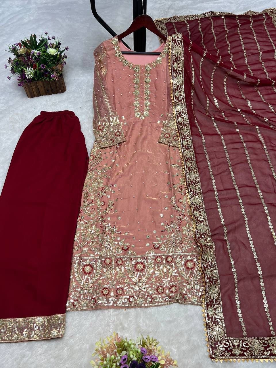 PRESERNTING NEW READY WEAR SPACIAL FANCY DESIGN HEAVY EMBROIDERY AND SEQUENCE WORK TOP - PLAZZO WITH DUPATTA - Image 7