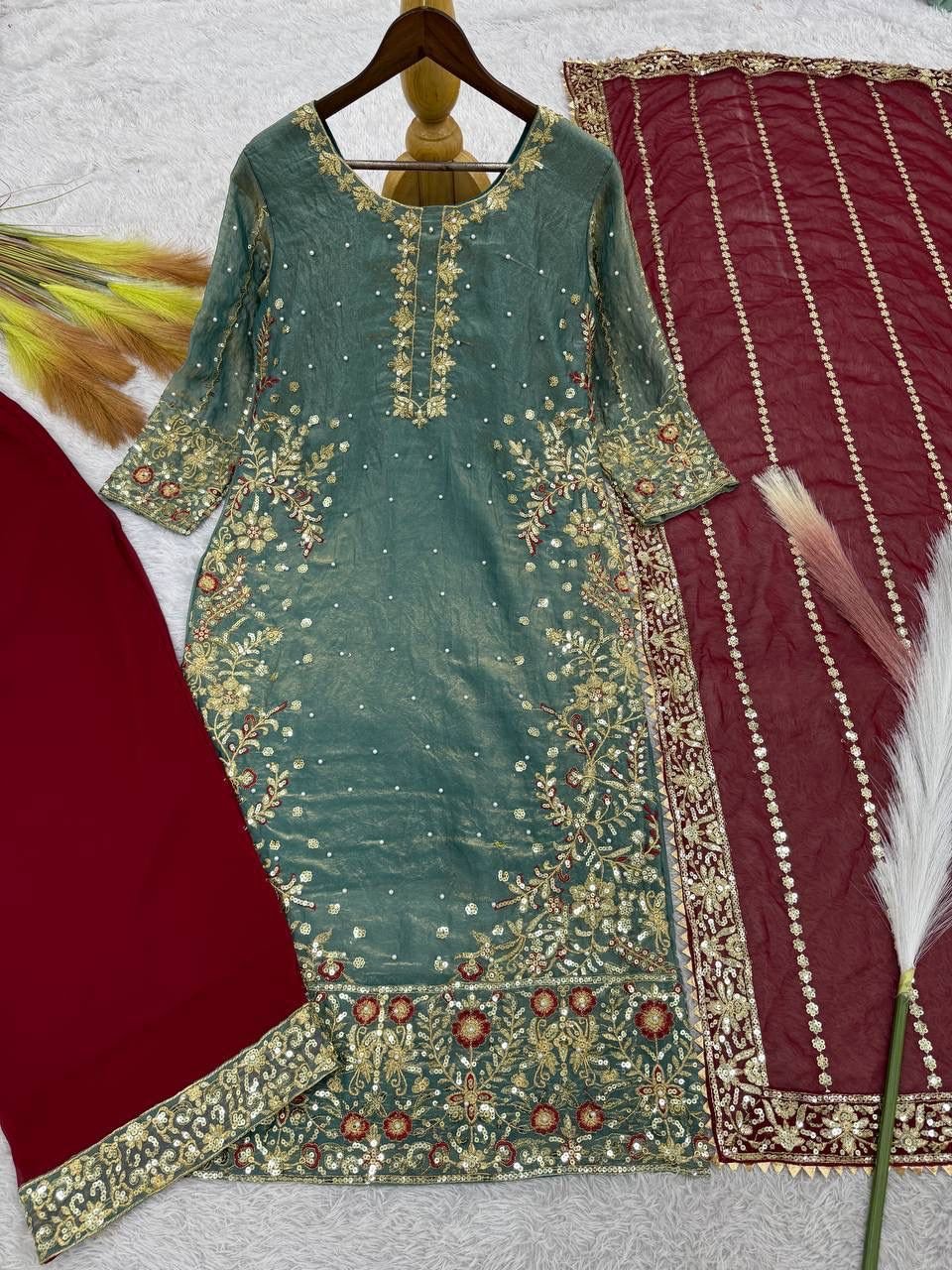 PRESERNTING NEW READY WEAR SPACIAL FANCY DESIGN HEAVY EMBROIDERY AND SEQUENCE WORK TOP - PLAZZO WITH DUPATTA - Image 3