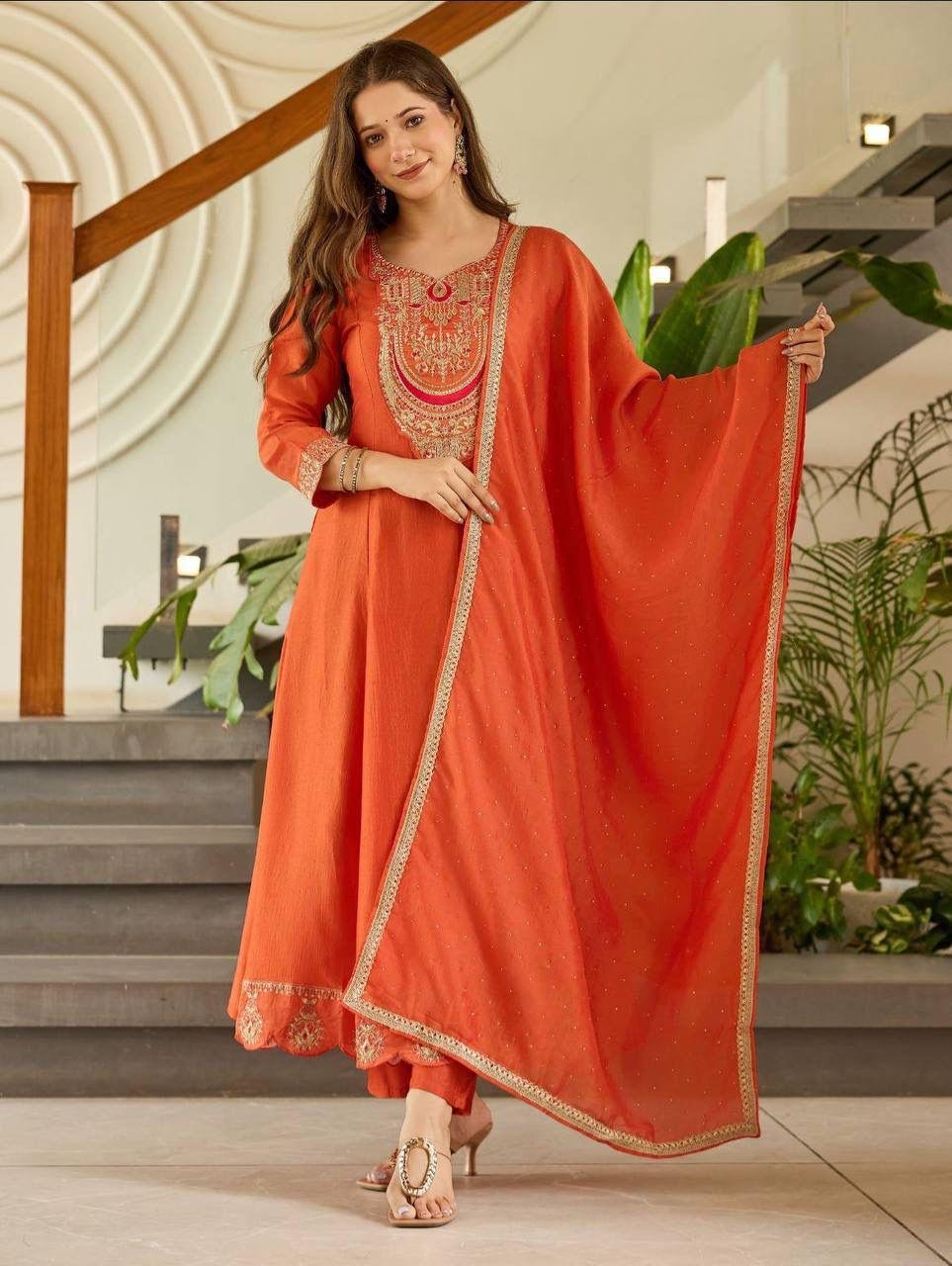 Women's Vichitra Silk Embroidered Flared Kurta with Pant And Dupatta Sets