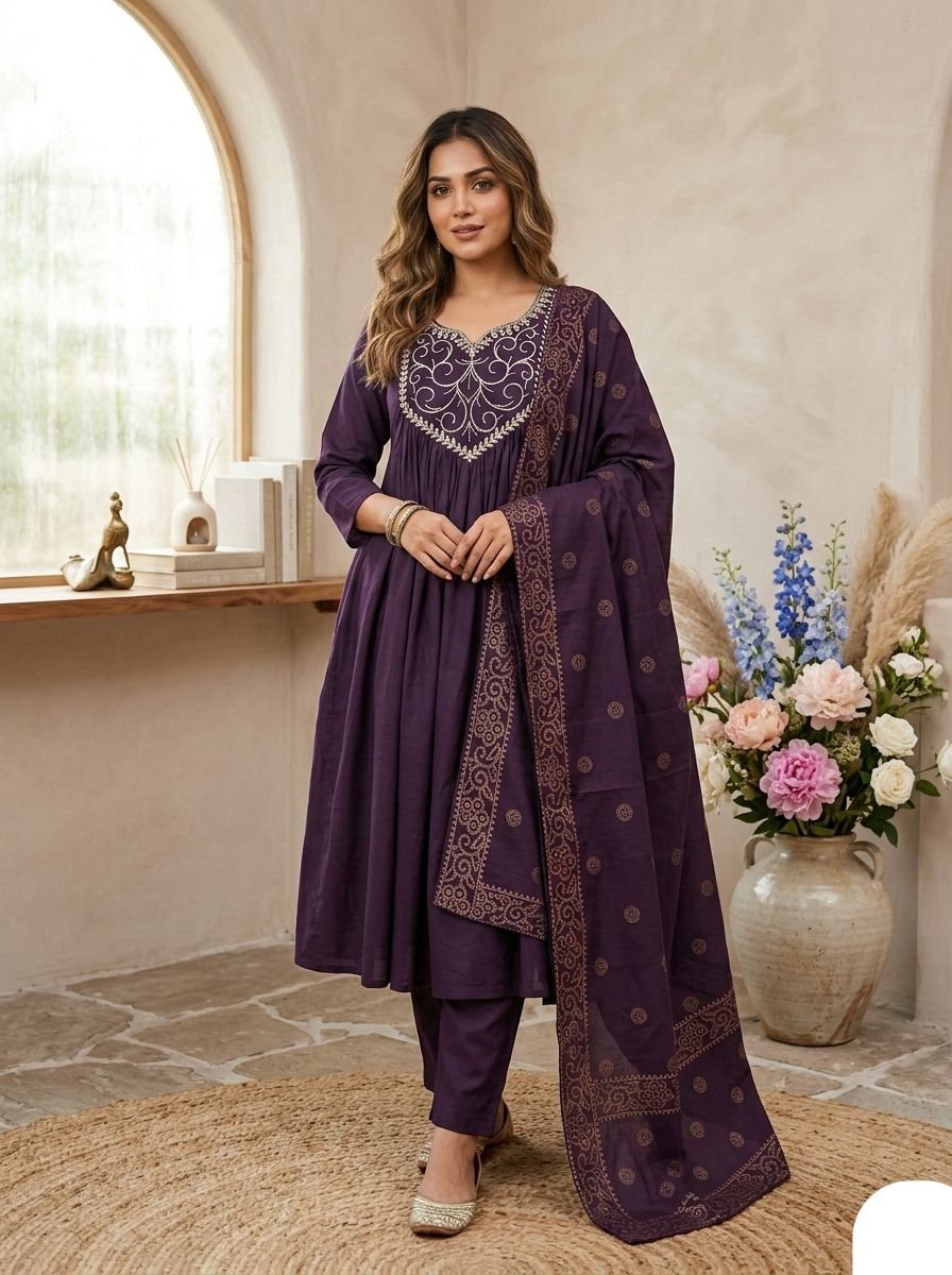 A mesmerising kurta set, reminiscent with its graceful Delicate adorn the neckline.