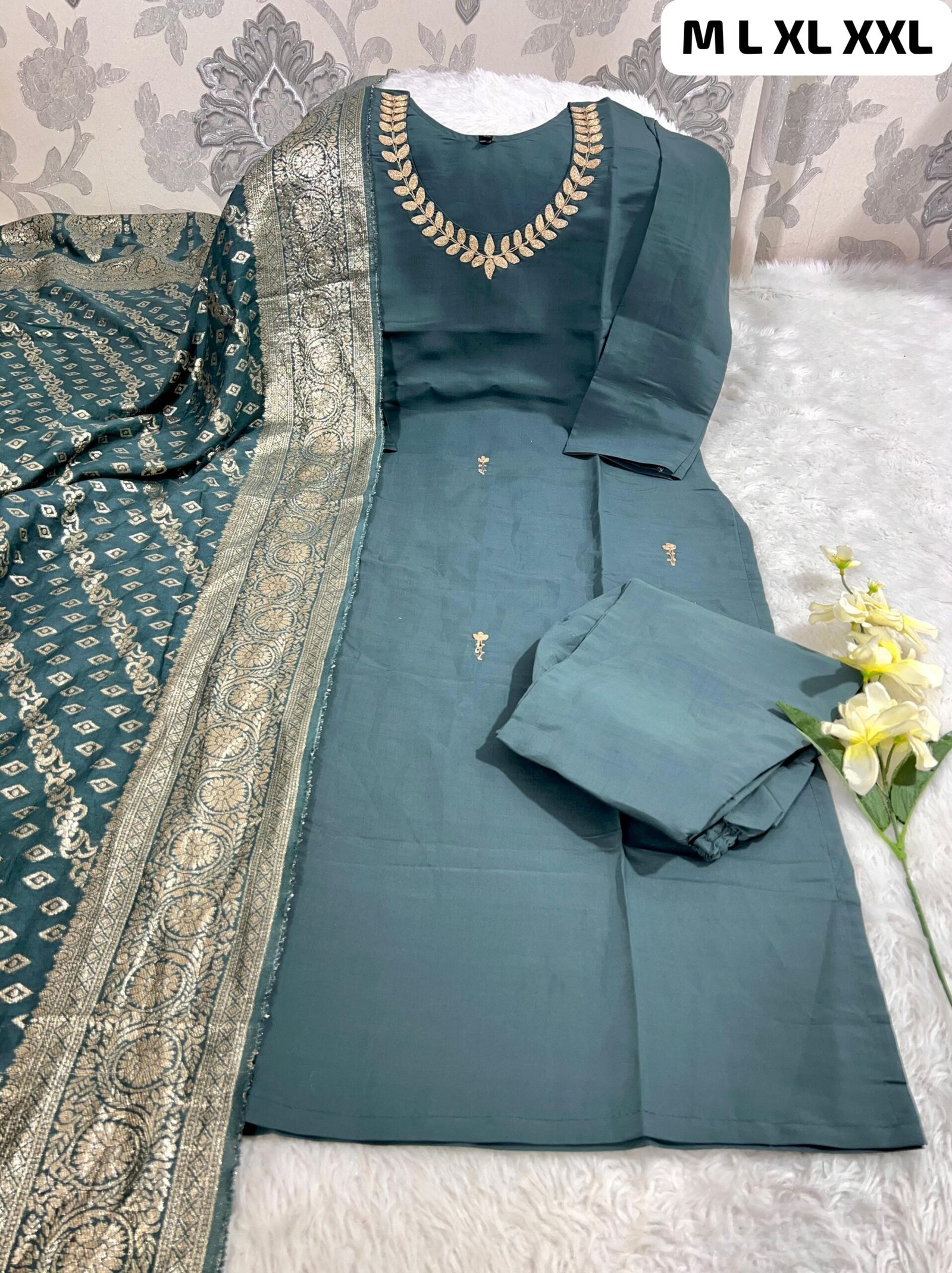 Premium Roman SilK Round Neck Kurti With Pant and z-card Duppata With four side traditional LatkaN - Image 4