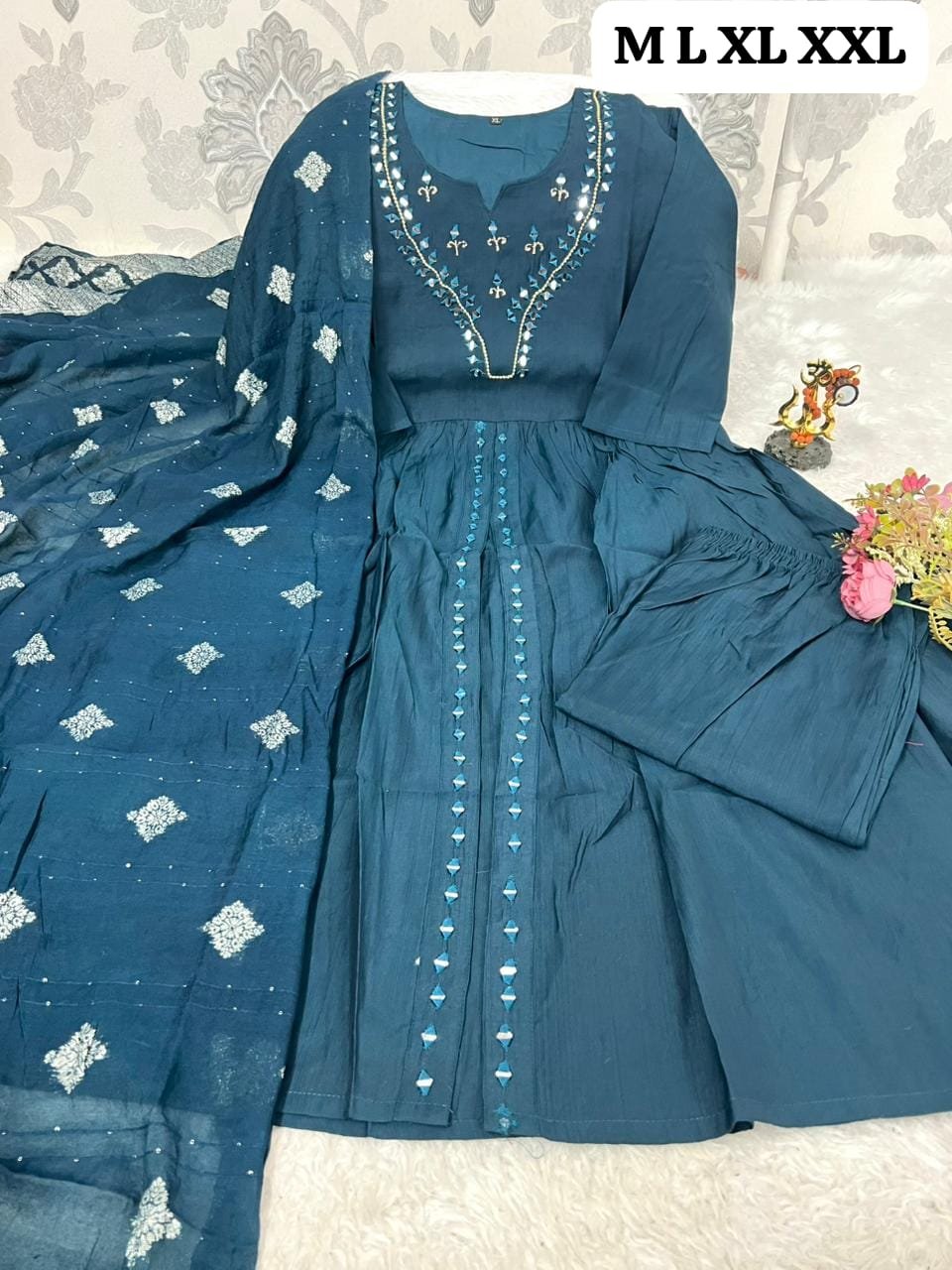 Fully Flared Anarkali Gown + Matching Pants + Designer Dupatta - Image 2