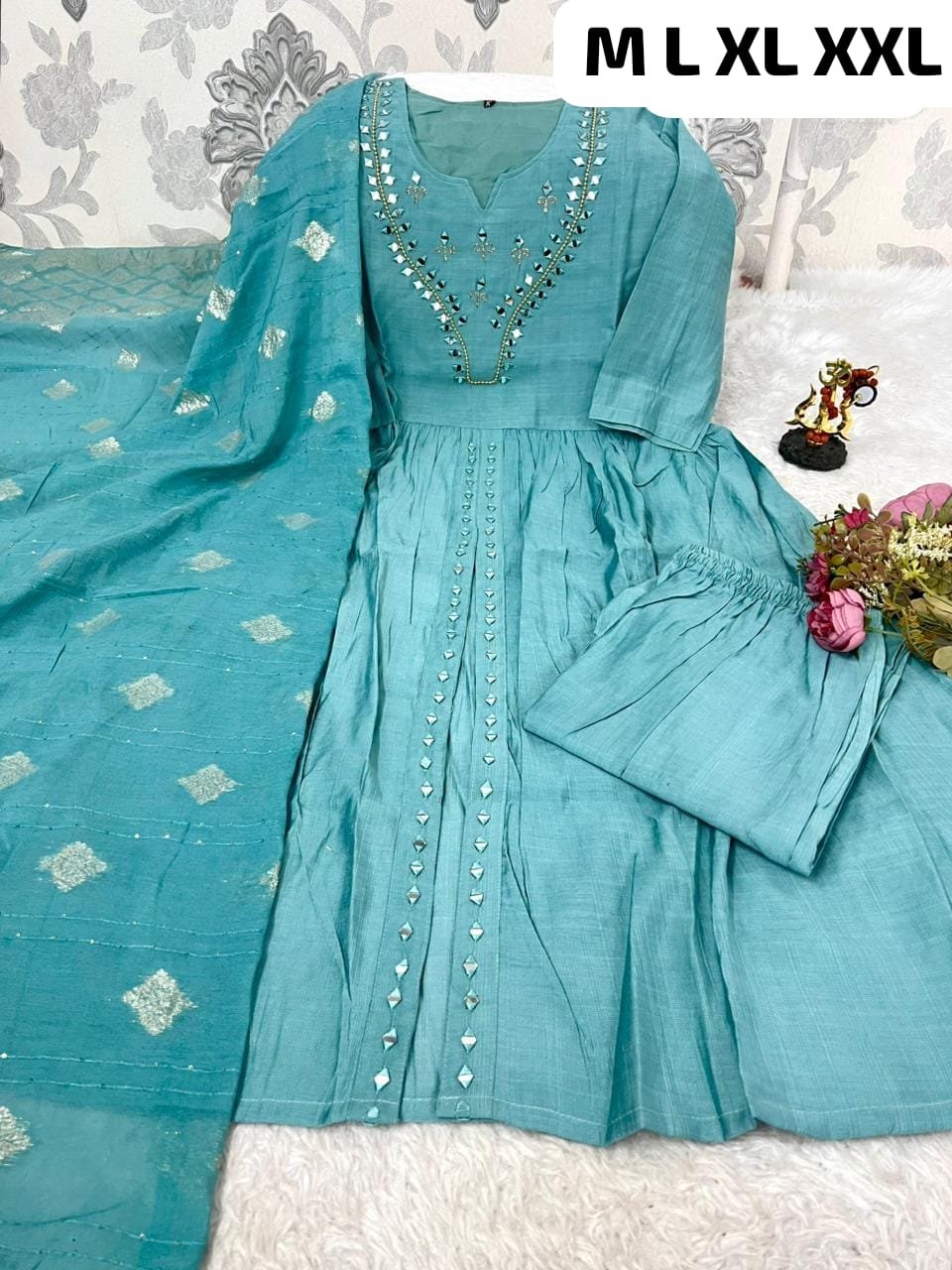 Fully Flared Anarkali Gown + Matching Pants + Designer Dupatta - Image 6