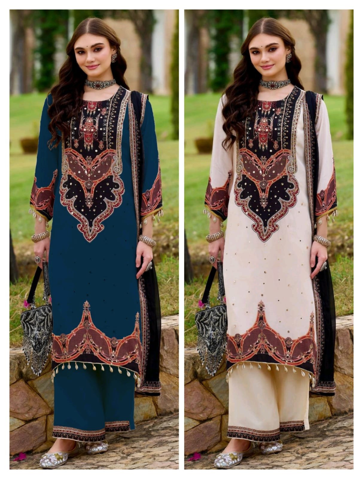 # WORK : PRINTED WITH FANCY EMBRODERY ORIGINAL MIROR WORK AND MOTI LACE WORK