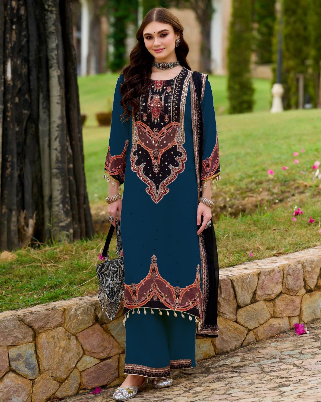 # WORK : PRINTED WITH FANCY EMBRODERY ORIGINAL MIROR WORK AND MOTI LACE WORK - Image 4