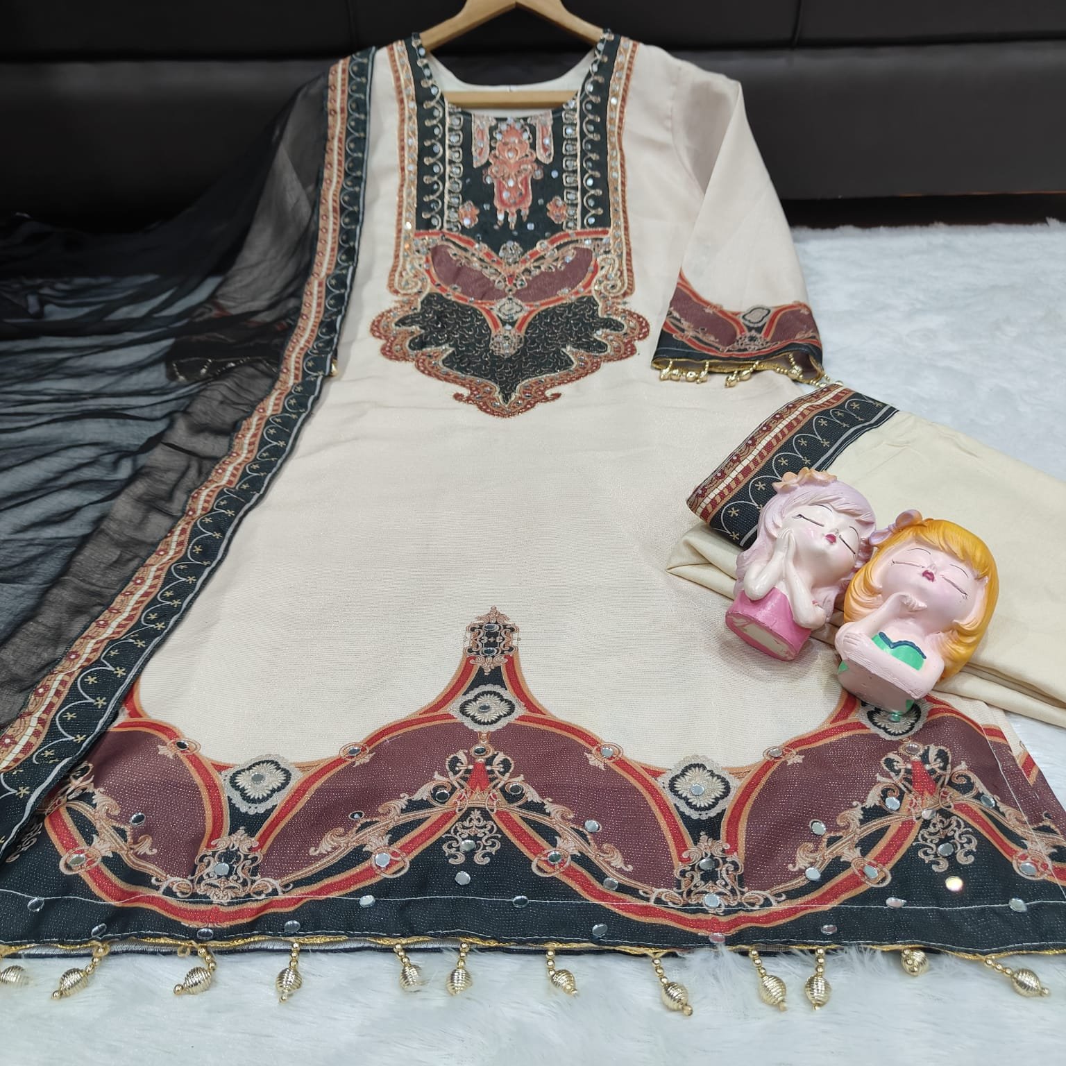 # WORK : PRINTED WITH FANCY EMBRODERY ORIGINAL MIROR WORK AND MOTI LACE WORK - Image 3