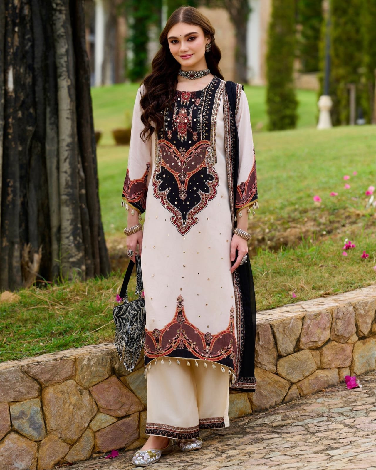 # WORK : PRINTED WITH FANCY EMBRODERY ORIGINAL MIROR WORK AND MOTI LACE WORK - Image 2