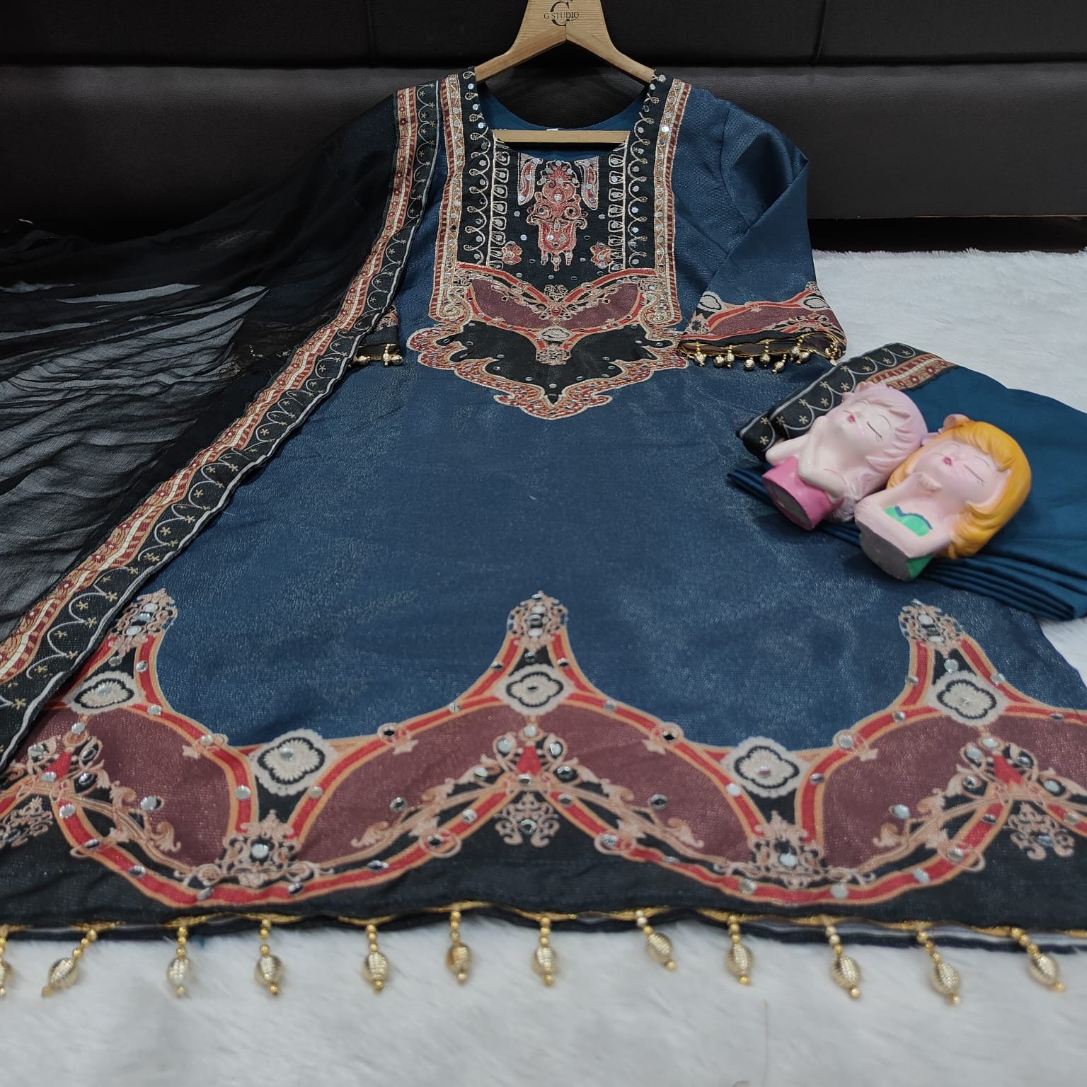 # WORK : PRINTED WITH FANCY EMBRODERY ORIGINAL MIROR WORK AND MOTI LACE WORK - Image 5