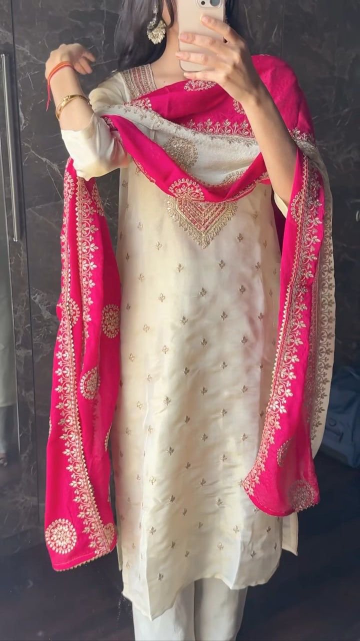 3-pair Suit Set you've described seems to be a party wear outfit made from have pure chinon fabric with sequence embroidery work .(3-Pair)