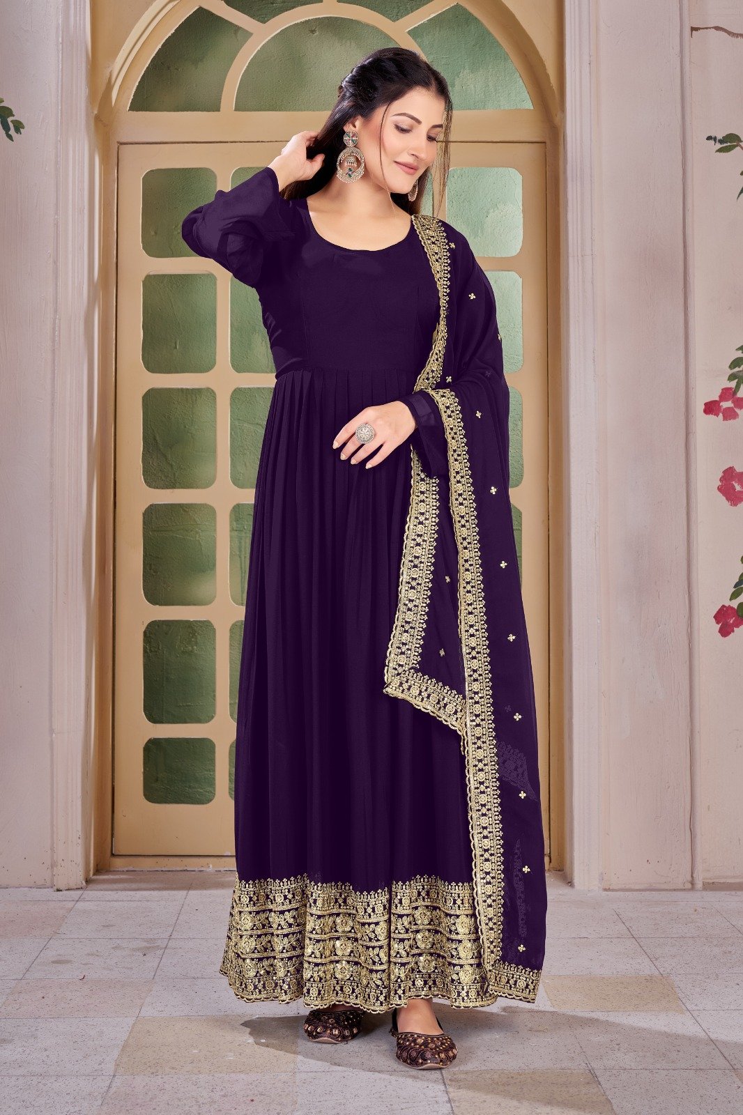 Real Modeling Short Georgette Anarkali Gown Which Is Beautiful Round Nack With decorated With Embroidery is absolutely perfect for your upcoming occasions, it is very easy breezy and comfortable. - Image 3