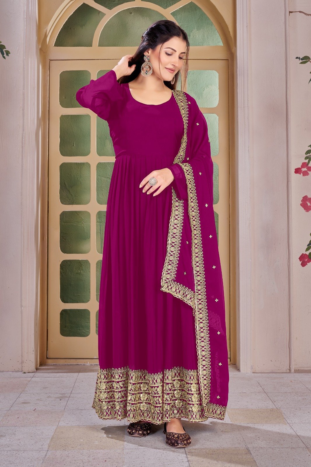 Real Modeling Short Georgette Anarkali Gown Which Is Beautiful Round Nack With decorated With Embroidery is absolutely perfect for your upcoming occasions, it is very easy breezy and comfortable. - Image 5