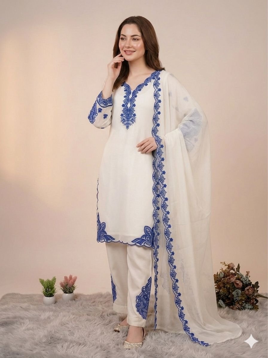 HANIA AMIR INSPIRED THIS SUMMER SEASON WEAR PAKISTANI SUIT WITH EMBROIDERED TOP, PLAZZO AND DUPATTA - Image 5