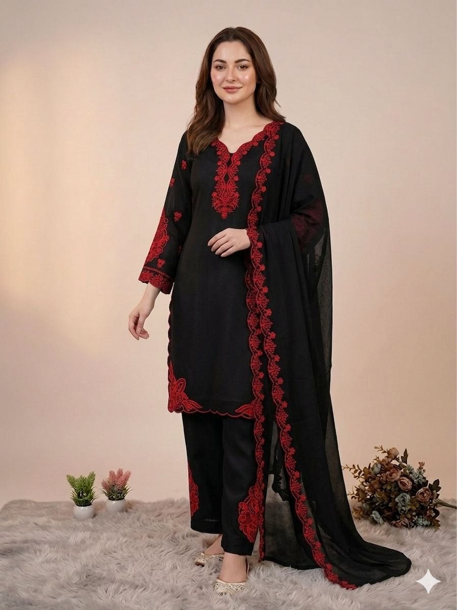 HANIA AMIR INSPIRED THIS SUMMER SEASON WEAR PAKISTANI SUIT WITH EMBROIDERED TOP, PLAZZO AND DUPATTA