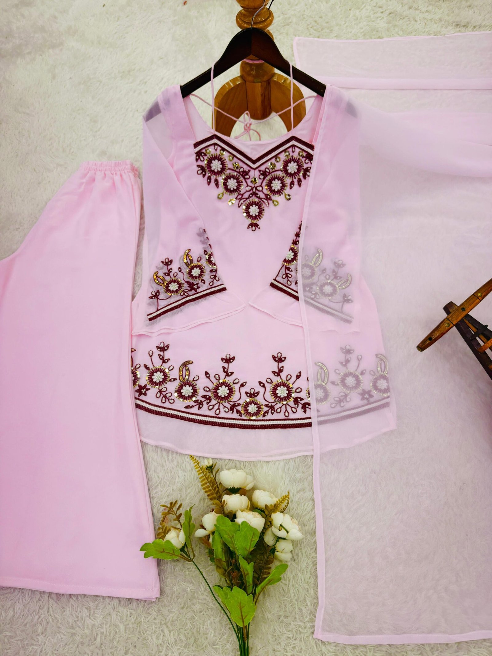 Presenting New Designer Collection In Heavy Faux Georgette Silk Top-Bottom And Dupatta Set Fully Stitched Ready To Wear - Image 2