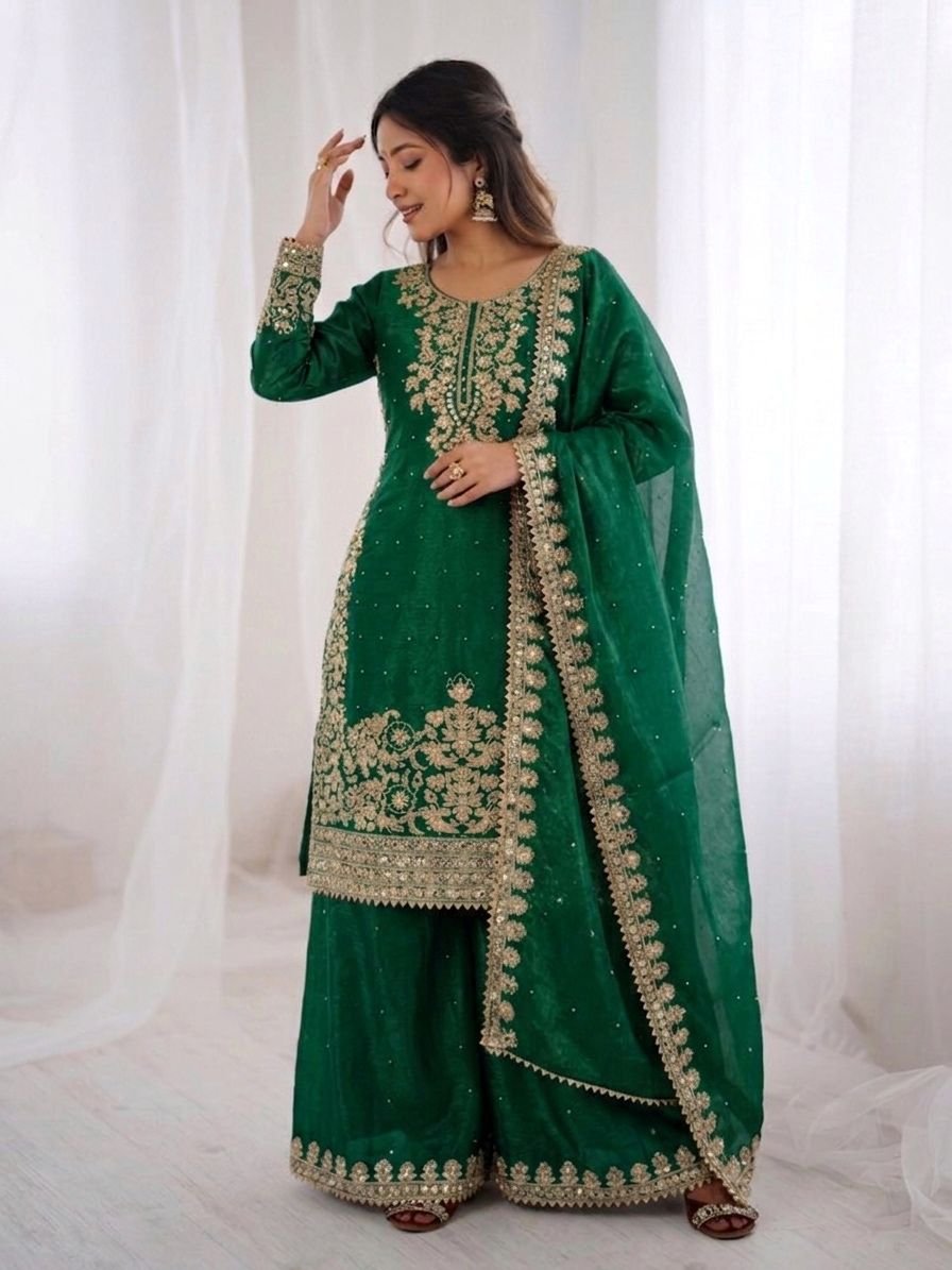 Presenting New Designer Collection In GMY SILK With Heavy Embroidery Coding Sequence Work Top-Bottom And Dupatta Set Fully Stitched Ready To Wear - Image 3