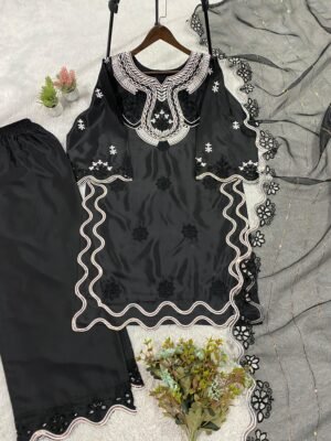 Alternative view of HANIA AMIR INSPIRED THIS SUMMER SEASON WEAR PAKISTANI SUIT WITH SEQUENCE EMBROIDERED CUT WORKED TOP, PLAZZO AND DUPATTA