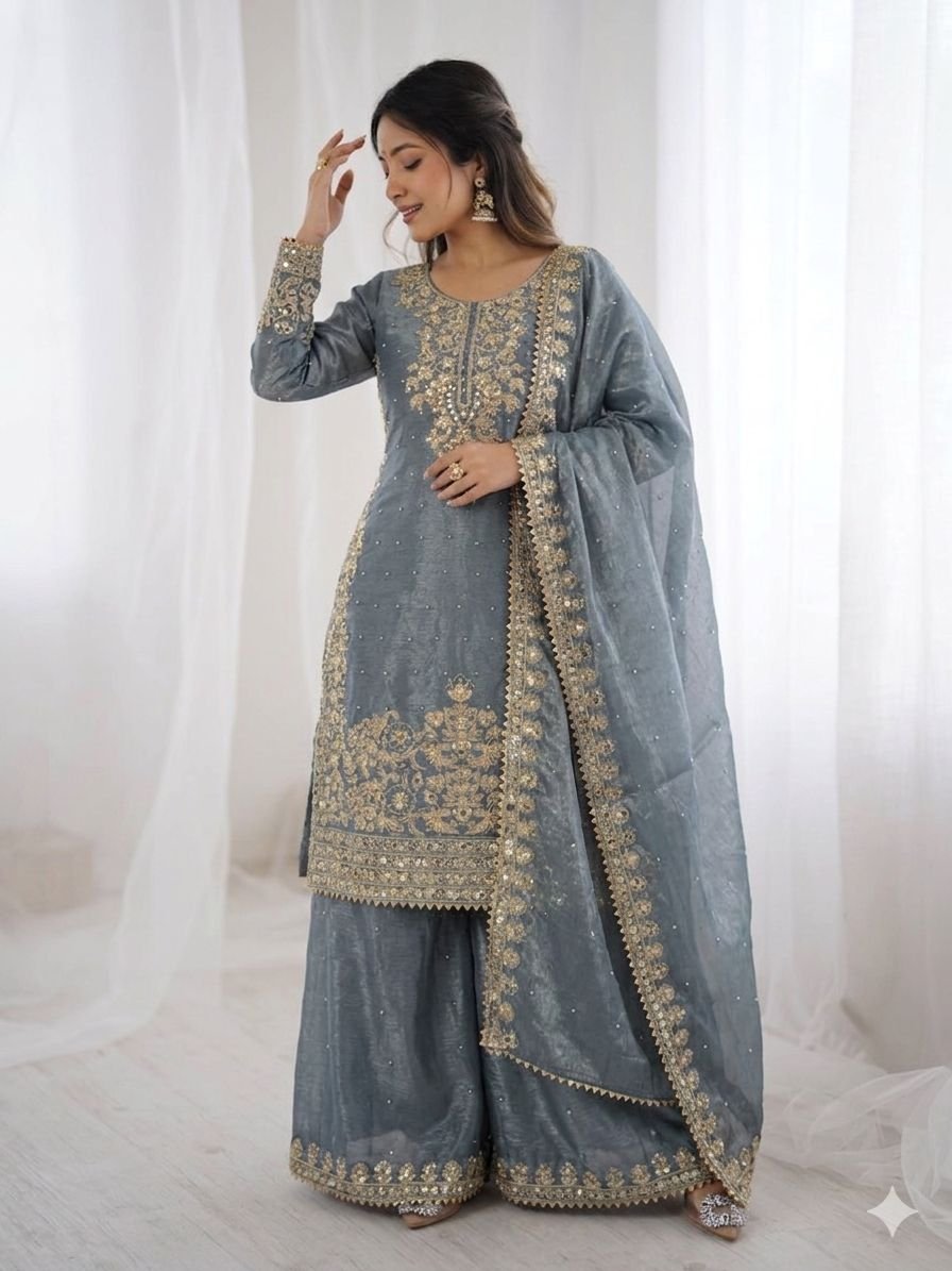Presenting New Designer Collection In GMY SILK With Heavy Embroidery Coding Sequence Work Top-Bottom And Dupatta Set Fully Stitched Ready To Wear - Image 5