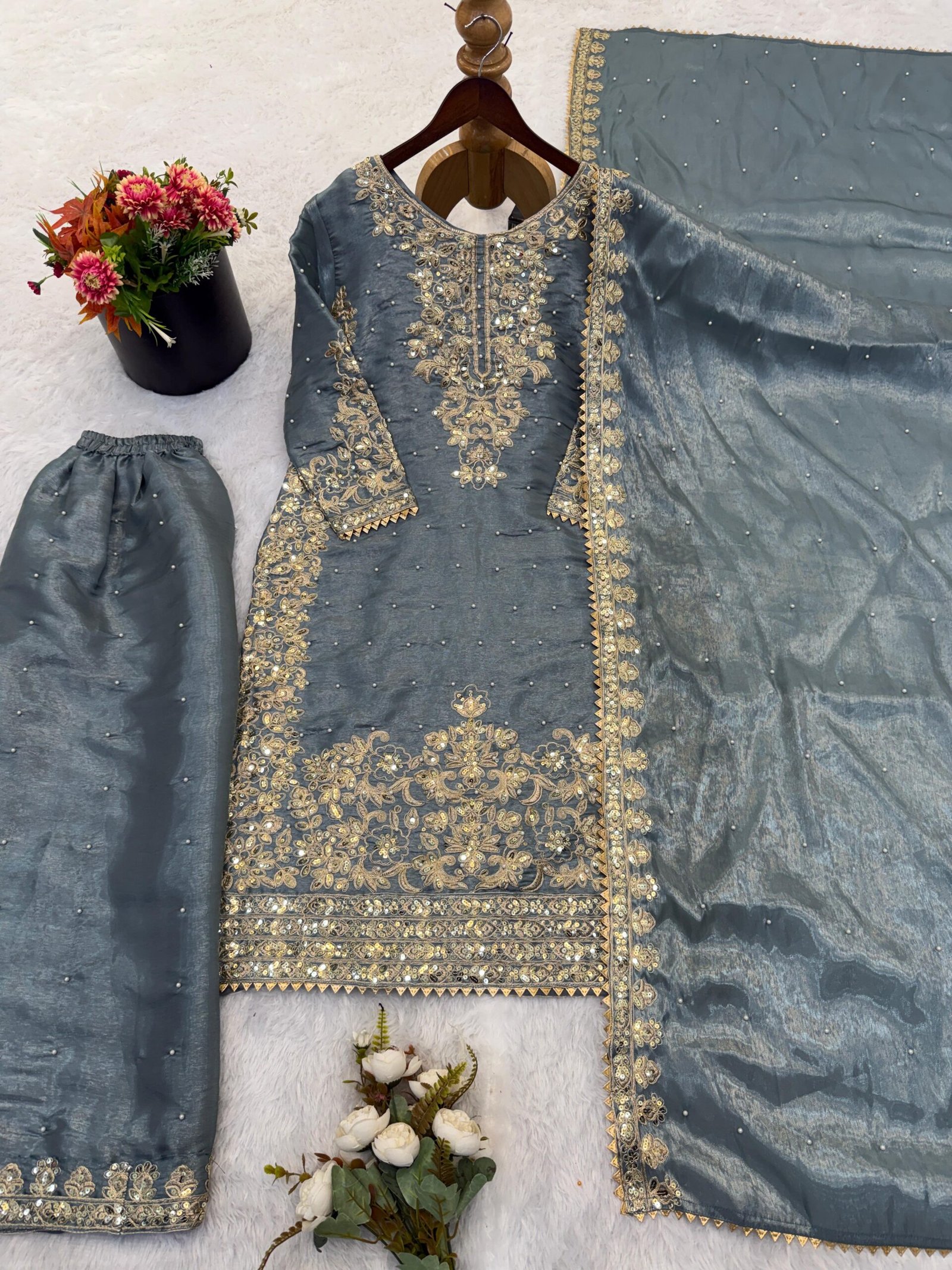 Presenting New Designer Collection In GMY SILK With Heavy Embroidery Coding Sequence Work Top-Bottom And Dupatta Set Fully Stitched Ready To Wear - Image 6