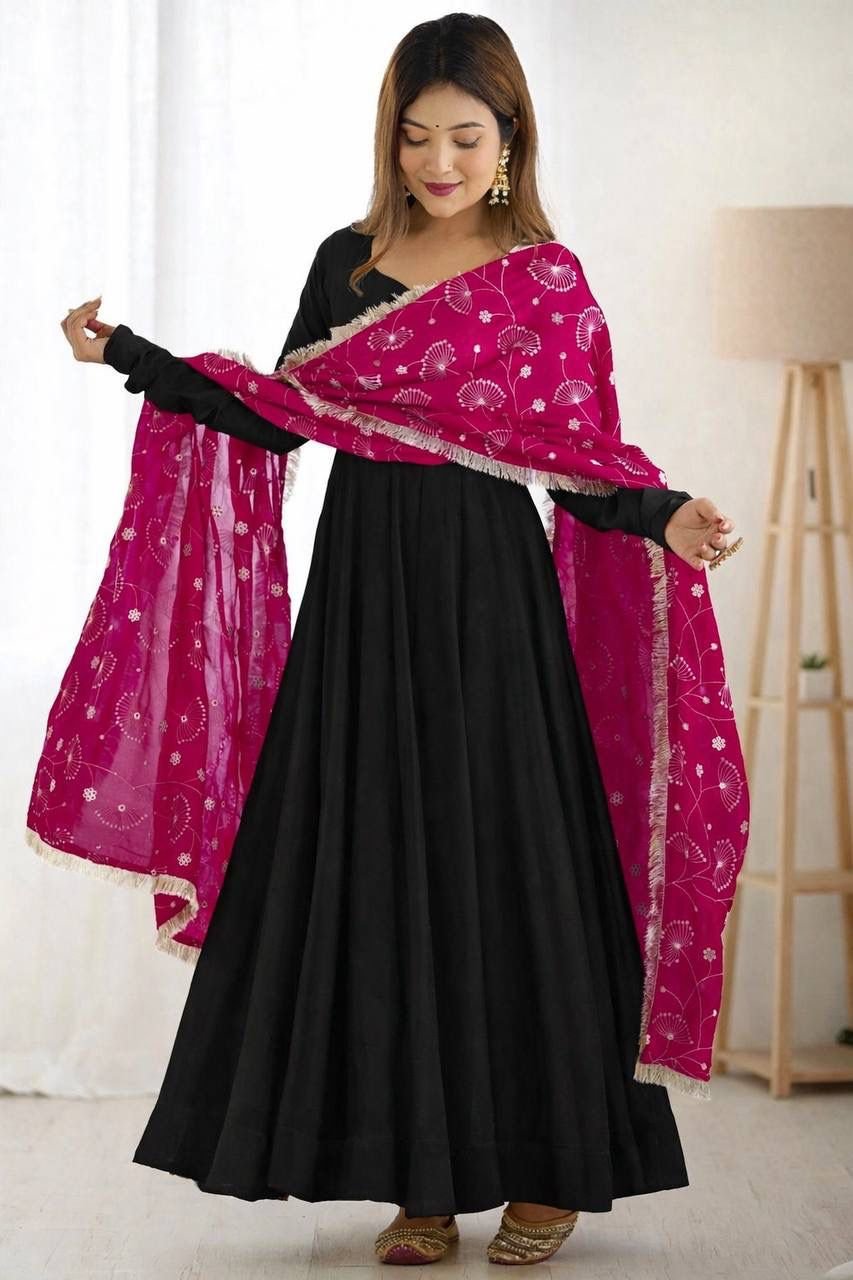 Solid Anarkali Gown With Embroidered Dupatta
