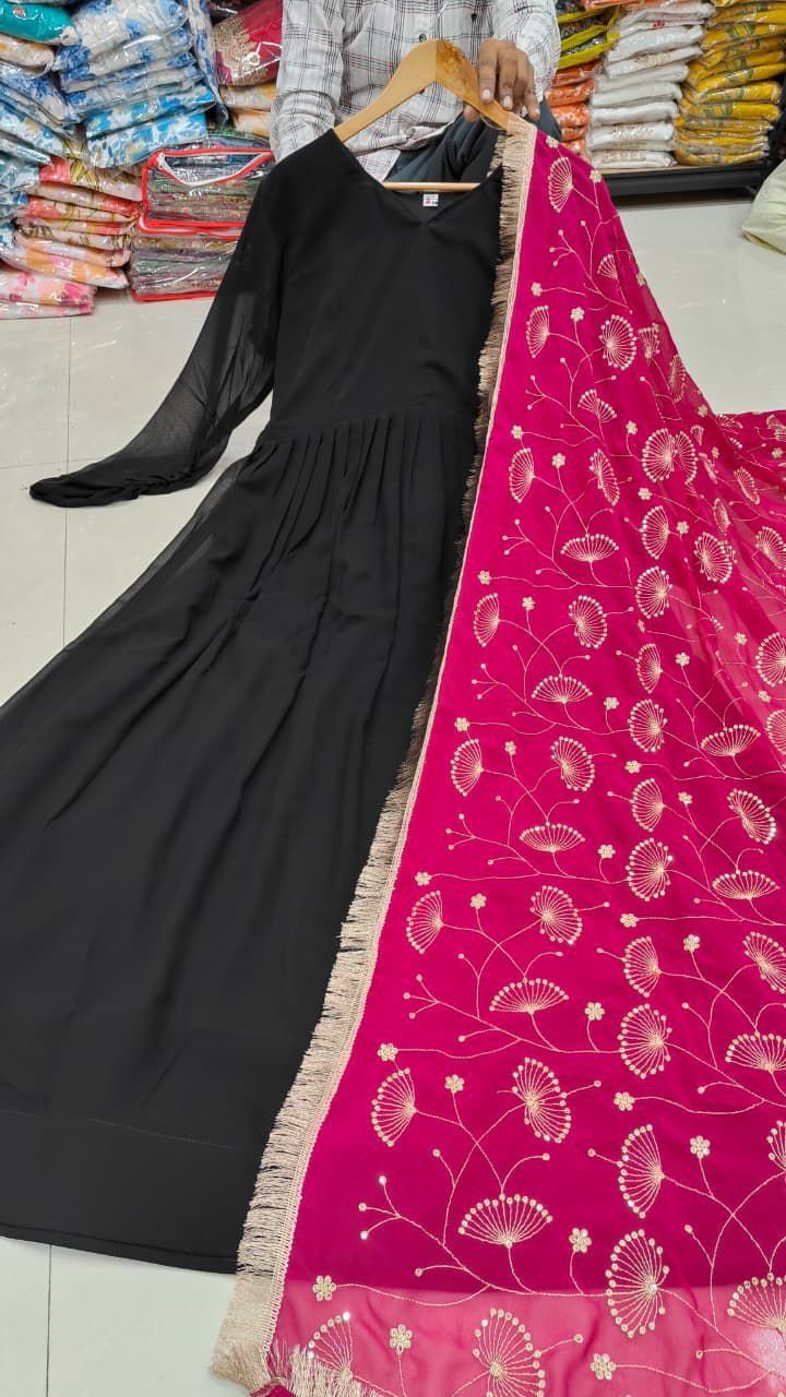 Solid Anarkali Gown With Embroidered Dupatta - Image 2