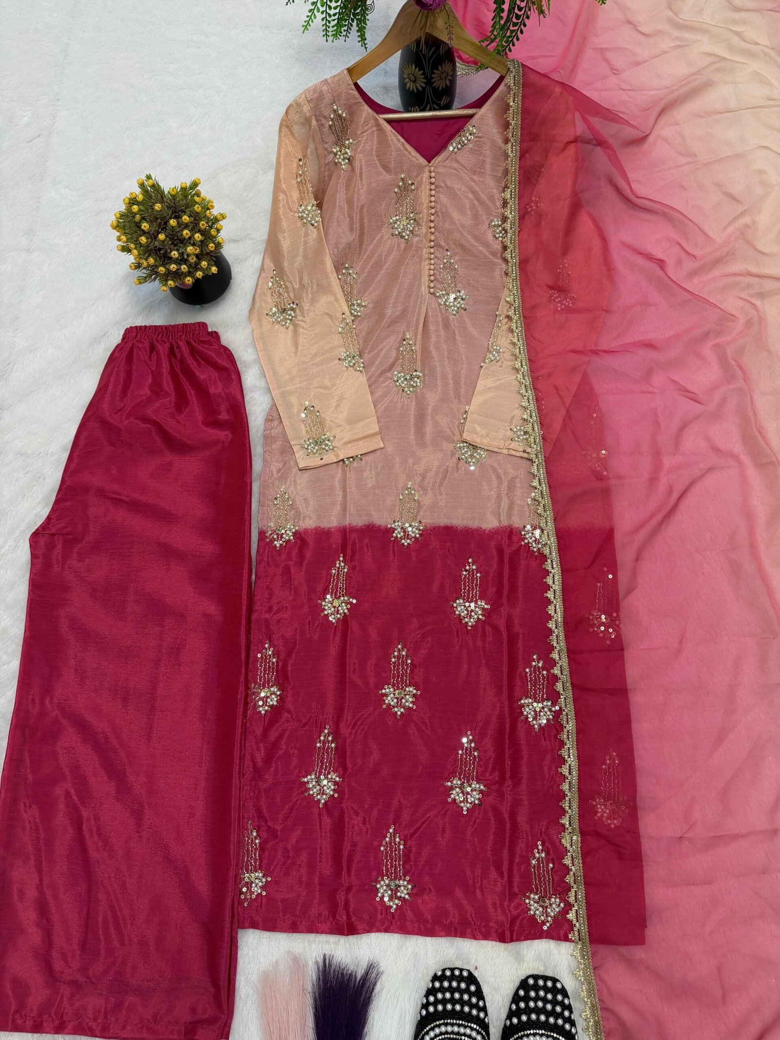 DESIRABLE FANCY PURE HEAVY CHINNON SILK REAL BIDS AND MOTI HAND WORK TOP AND PLAZO WITH DUPATTA - Image 2