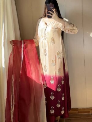 DESIRABLE FANCY  PURE HEAVY CHINNON SILK REAL BIDS AND MOTI HAND WORK TOP AND PLAZO WITH DUPATTA