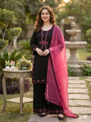 _ HANIA AMIR INSPIRED THIS SUMMER SEASON WEAR PAKISTANI SUIT WITH EMBROIDERED WORKED TOP, PLAZZO AND DUPATTA