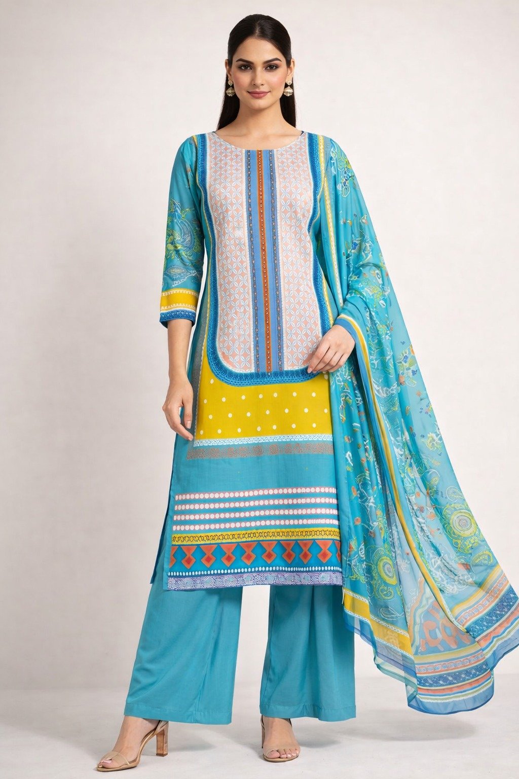 Heavy Muslim Cotton With Digital Print With Real Mirror With Dimad Handwork With Full Sleeve.