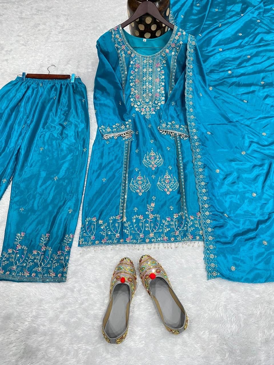 3-pair Suit Set you've described seems to be a party wear outfit made from have pure chinon fabric with sequence embroidery work .(3-Pair) - Image 2