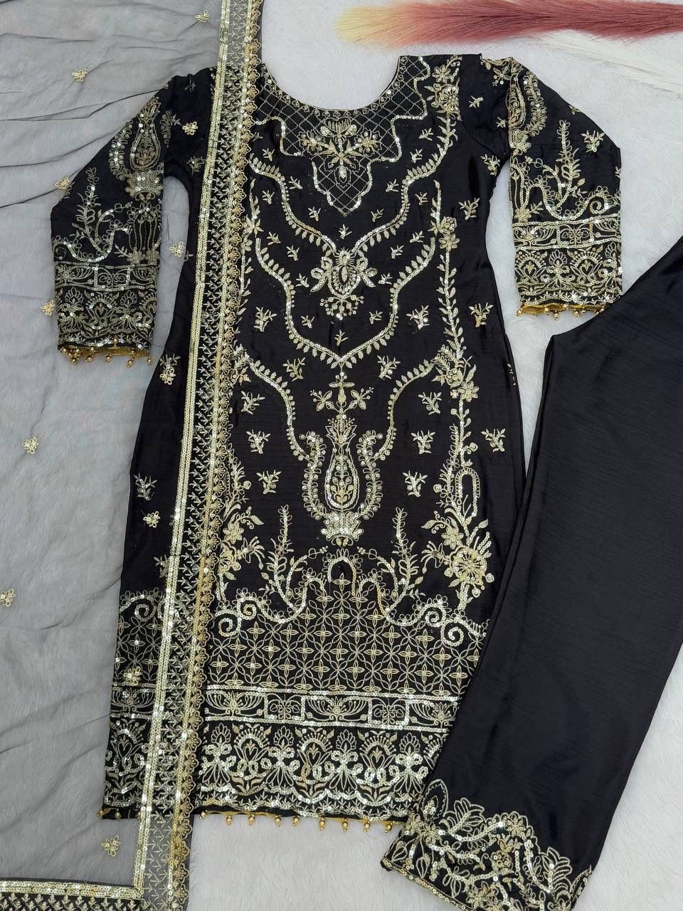 PRESERNTING NEW EID COLLECTION WITH EMBROIDERY SEQUENSE WORK CHINON TOP-PENT WITH DUPATTA - Image 5