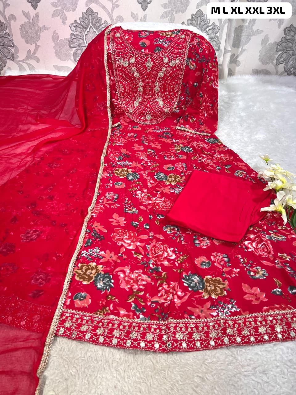 Beautiful ANARKALI KURTA With Heavy Reyon Embroidery Work On Yoke Along with inPant With Chiffon Duppata