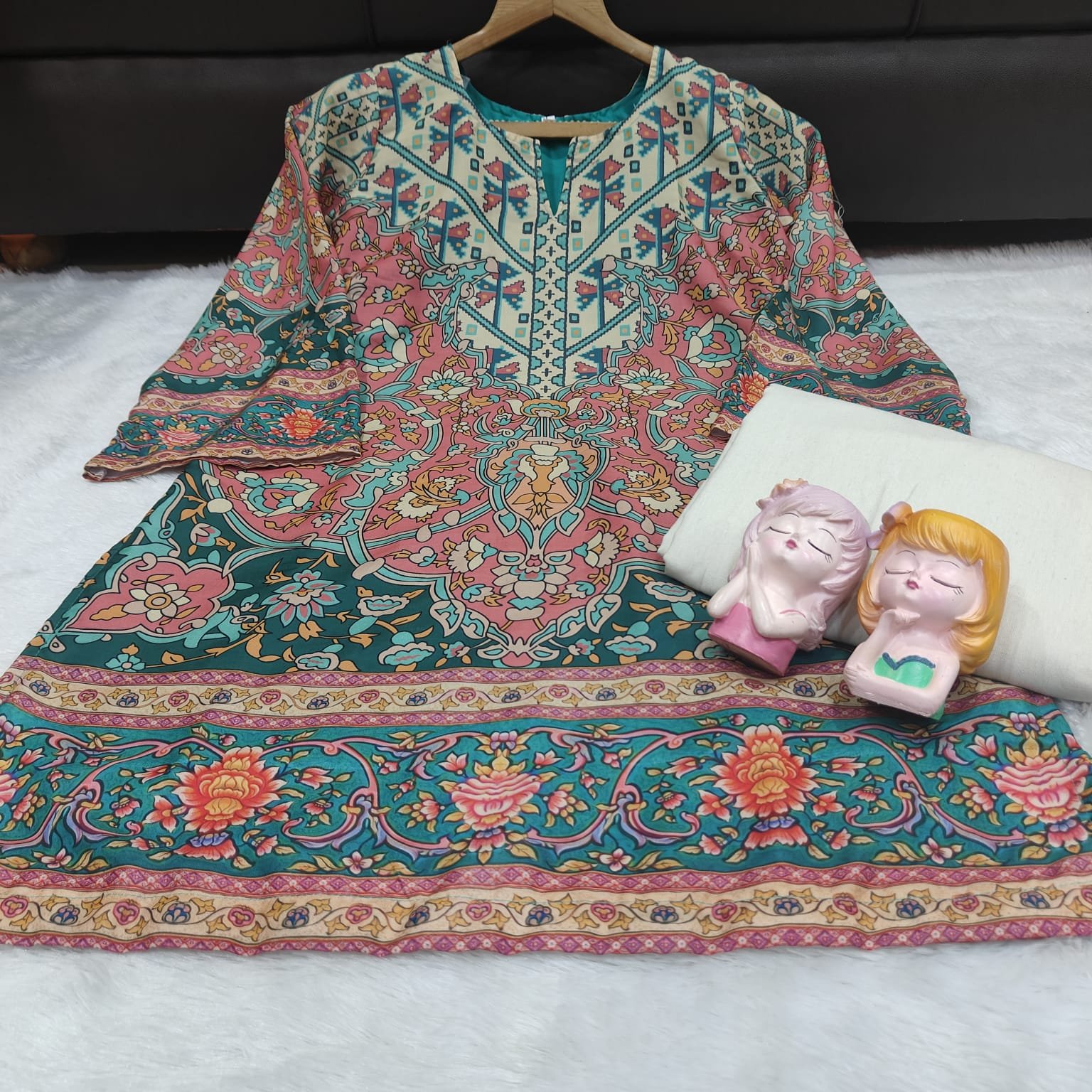 Step into effortless style with 2-piece digital printed co-ord set crafted from premium maslin fabric. The chic digital shirt paired with a matching farshi shalwar offers a modern yet graceful look, perfect for casual outings or semi-formal gatherings. - Image 2