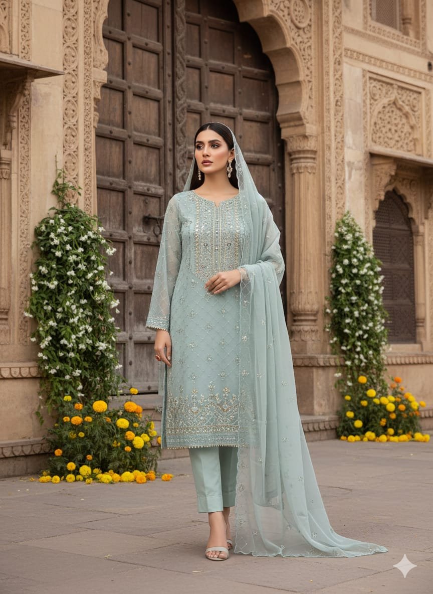 Heavy Pure Fox Georgette,Rayon And Cotton With Heavy Embroidered Very Beautiful Design And Sequence Work High Quality Material - Image 12