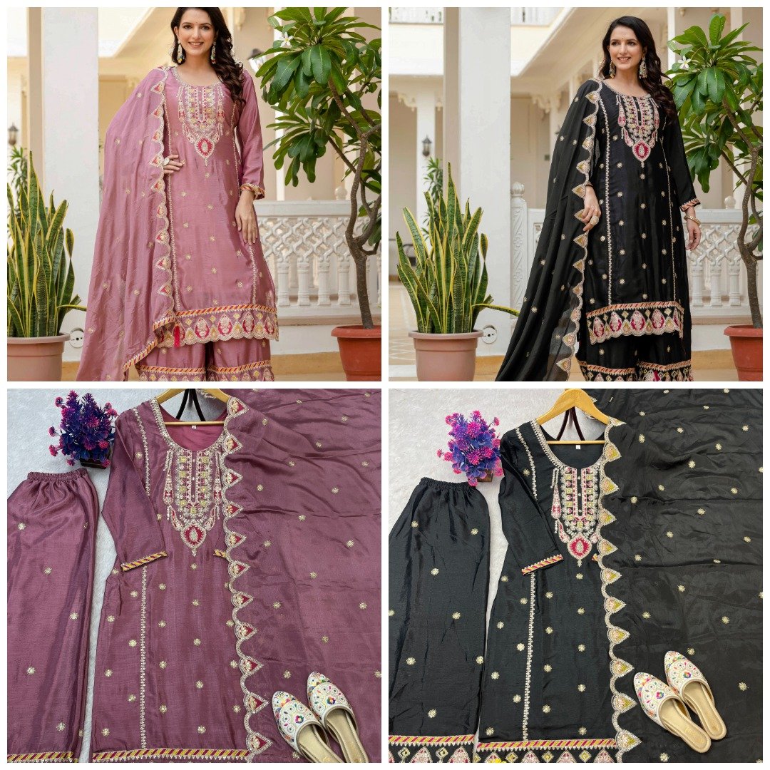 NEW LAUNCH DESIGNER SEQUENCE EMBROIDERY ON SILK FABRIC TOP AND PLAZZO WITH DUPATTA