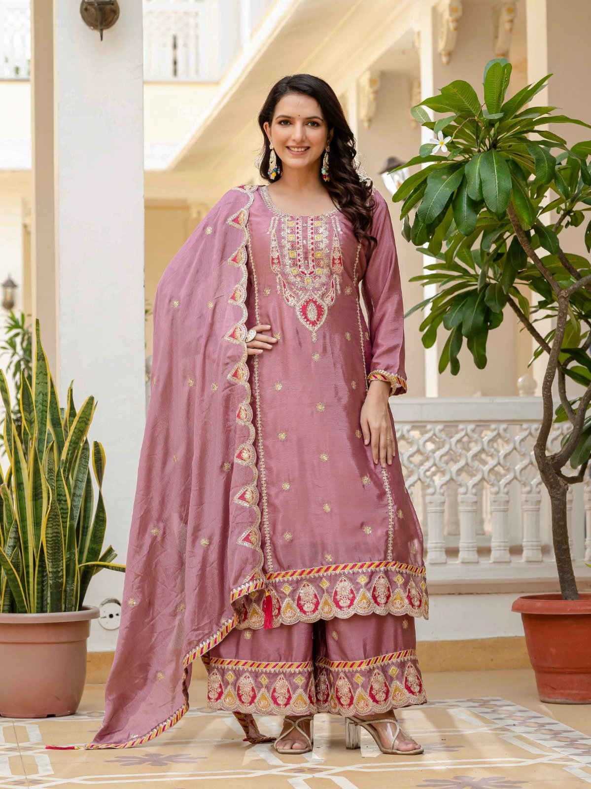 NEW LAUNCH DESIGNER SEQUENCE EMBROIDERY ON SILK FABRIC TOP AND PLAZZO WITH DUPATTA - Image 4