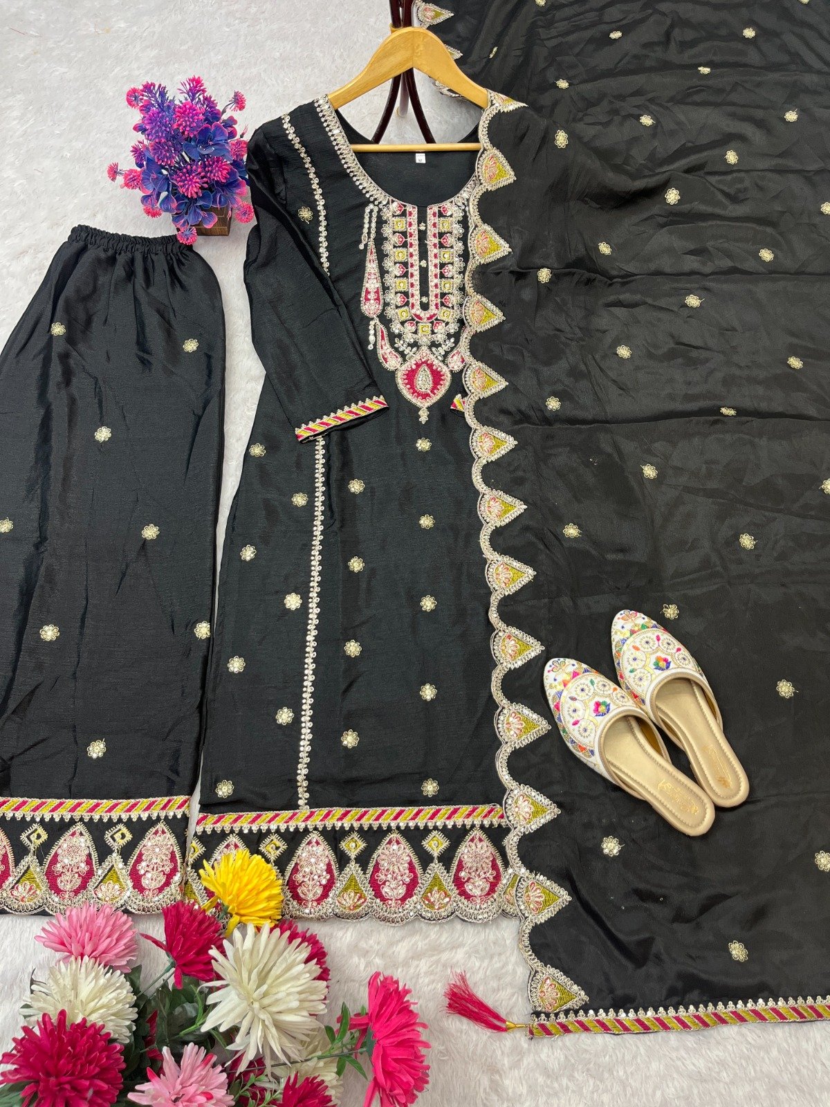 NEW LAUNCH DESIGNER SEQUENCE EMBROIDERY ON SILK FABRIC TOP AND PLAZZO WITH DUPATTA - Image 3