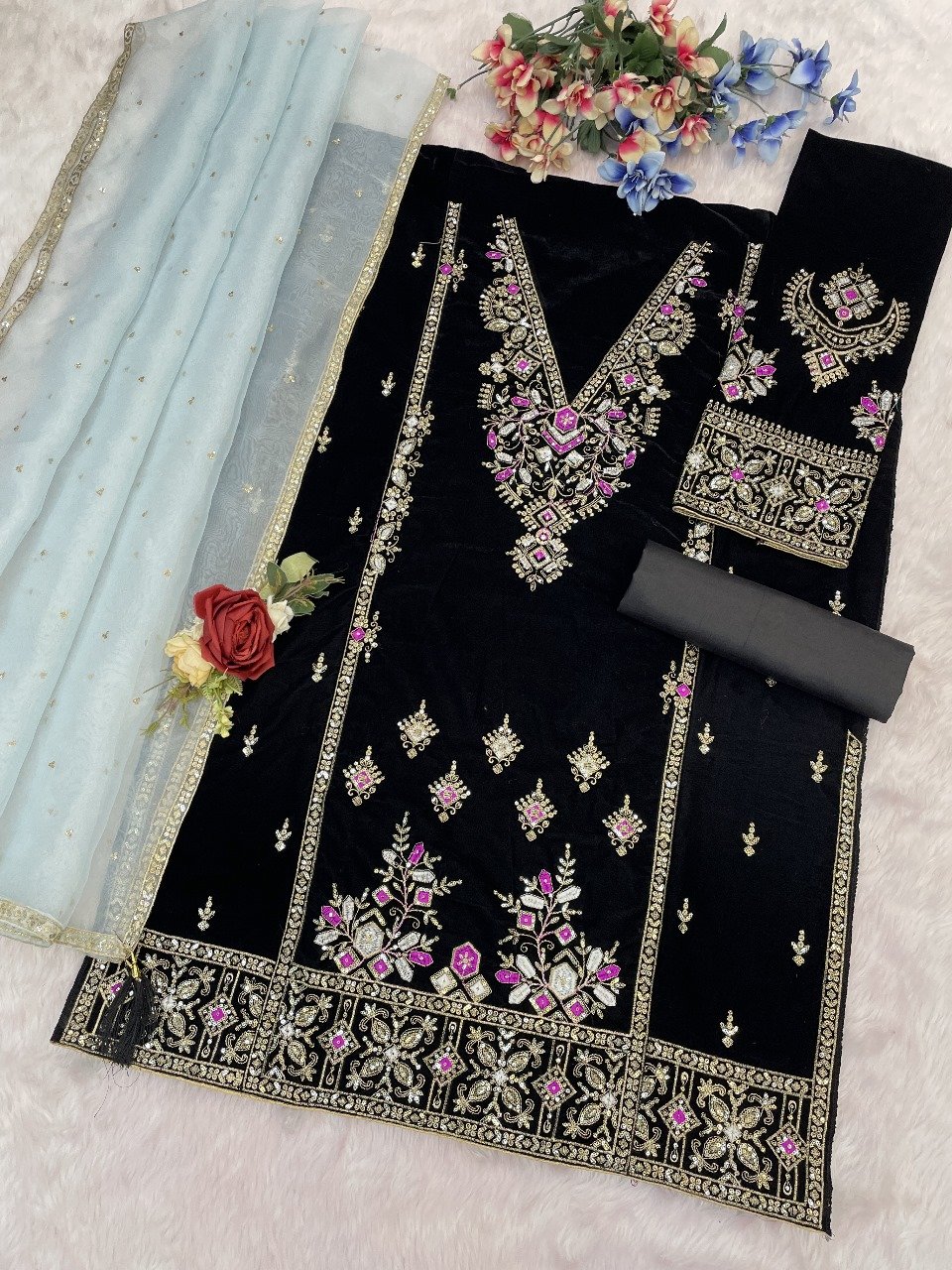 Plush velvet paired with intricate embroidery and elegant piping details creates a look that’s festive, graceful, and undeniably premium - Image 7