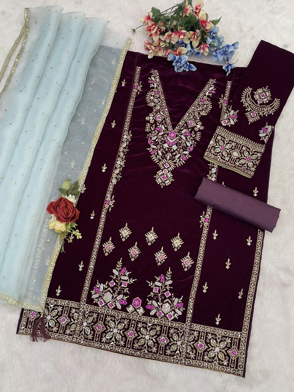 Plush velvet paired with intricate embroidery and elegant piping details creates a look that’s festive, graceful, and undeniably premium - Image 13