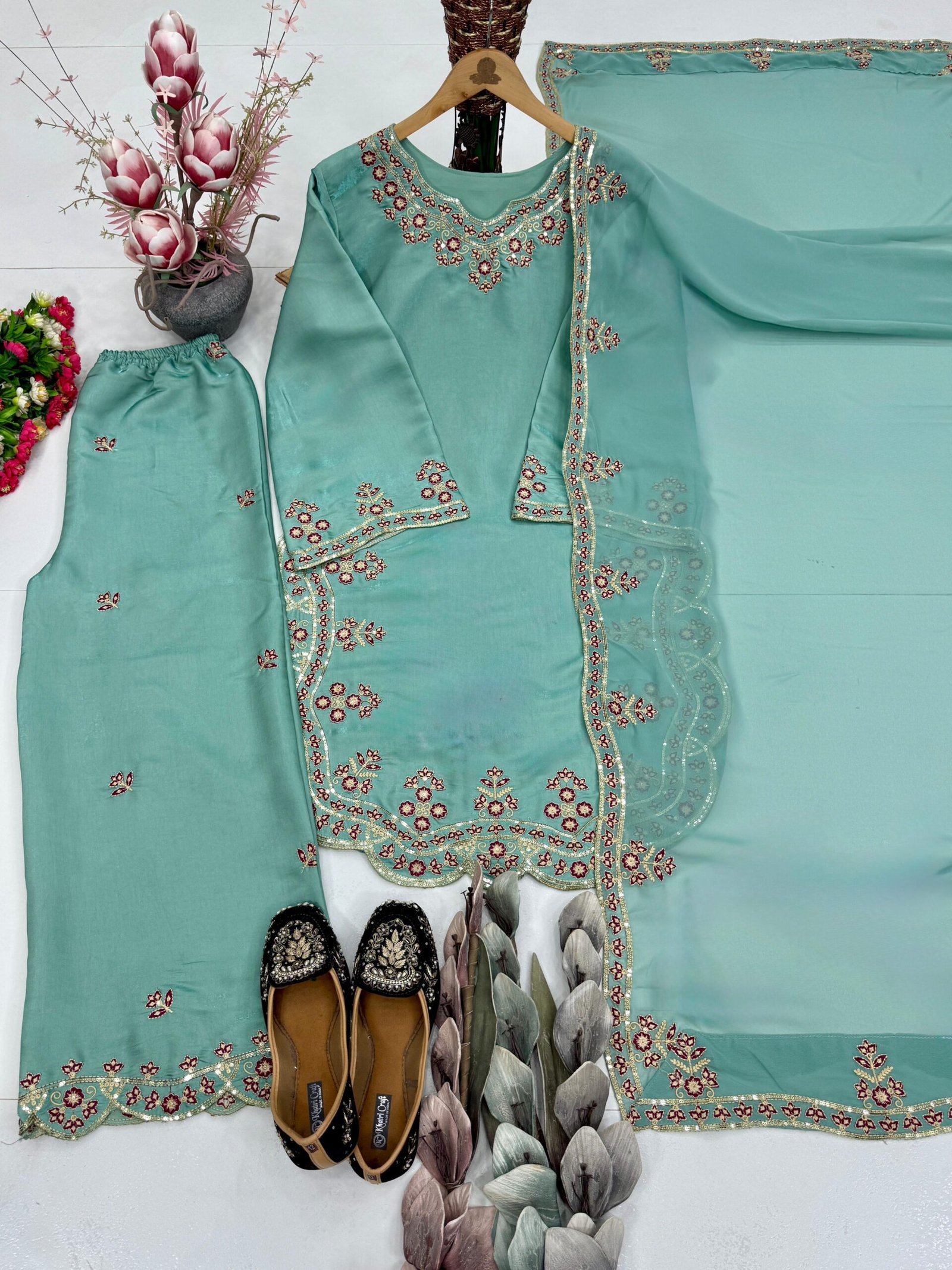 STITCHED NEW DESIGNER HEAVY EMBROIDERY SEQUENCE WORK 3 PIS SUIT SET - Image 6