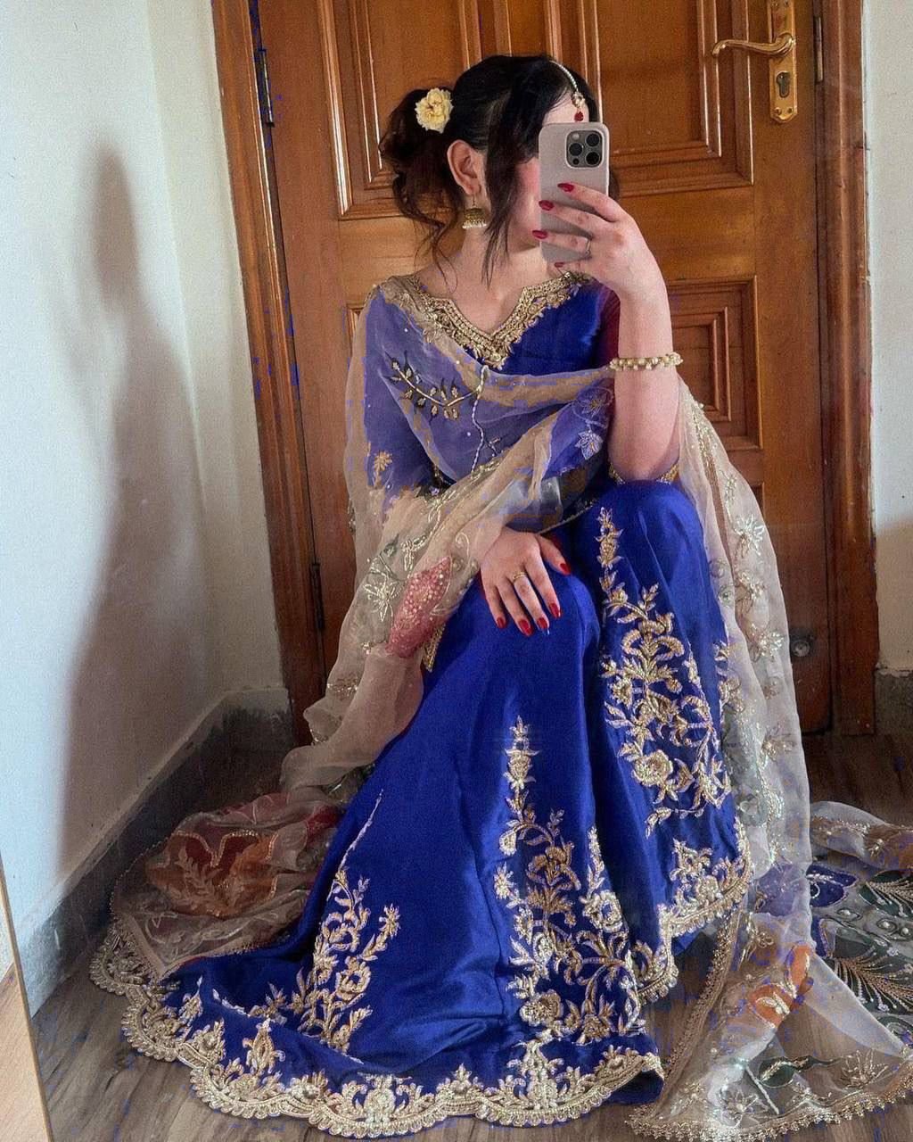 STITCHED NEW SUPER HIT 5 COLOUR EXCLUSIVE DESIGNER HEAVY CHINON WITH SEQUANCE EMBROIDERY WORK SUIT WITH FULL FLAIR WORK GHARARA CODE :-AK-1872 - Image 3